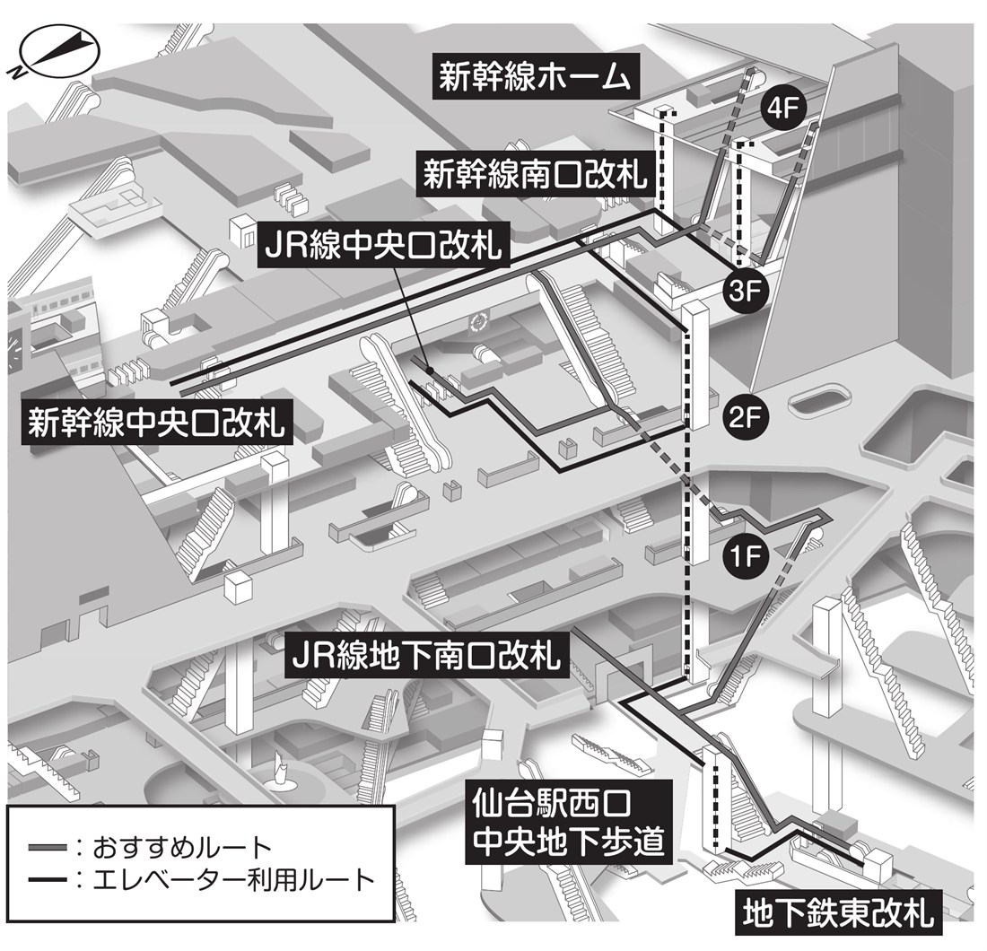 仙台駅JR線～地下鉄東西線 乗り換え案内図