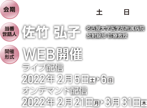 会期: 2022年2月5日(土)・6日(日) / 開催形式: WEB開催 / 当番世話人: 佐竹　弘子(名古屋大学医学部附属病院　放射線部　診療教授)