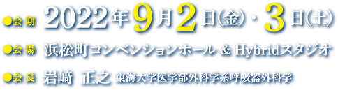 会期：2022年9月2日（金）・3日（土）　会場：浜松町コンベンションホール & Hybridスタジオ　会長：岩﨑　正之（東海大学医学部外科学系呼吸器外科学）