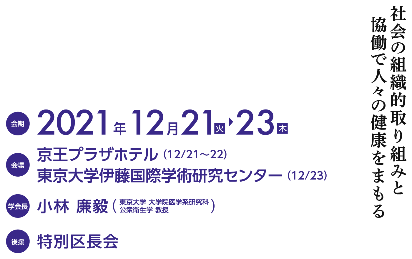 会期: 2021年12月21日(火)～23日(木) / 会場: 京王プラザホテル、東京大学伊藤国際学術研究センター / 学会長: 小林　廉毅(東京大学 大学院医学系研究科 公衆衛生学)