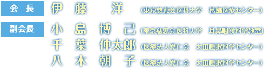 会長：伊藤洋（東京慈恵会医科大学　葛飾医療センター）、副会長：小島博己（東京慈恵会医科大学　耳鼻咽喉科学教室）・千葉伸太郎（医療法人愛仁会　太田睡眠科学センター）・八木朝子（医療法人愛仁会　太田睡眠科学センター）